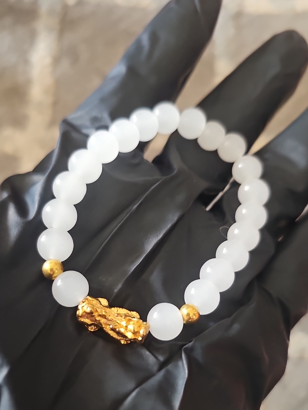 White Beaded Bracelet with Gold Dragon Charm - Women Jewelry